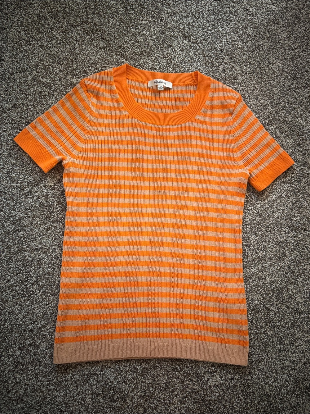 Madewell Orange and Beige Striped Short-Sleeve Crew Sweater